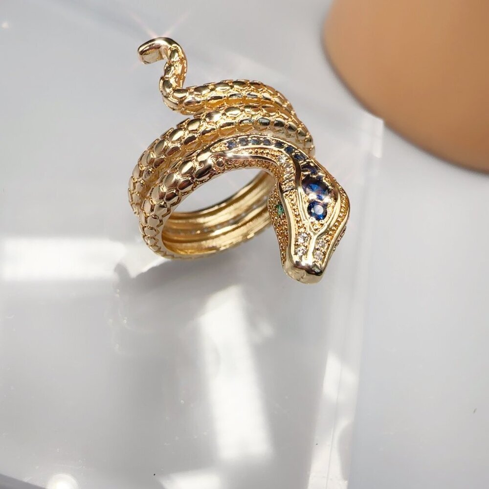 Gold Snake Ring With Blue & Clear Stones Serpent Design size 7 - Picture 8 of 8